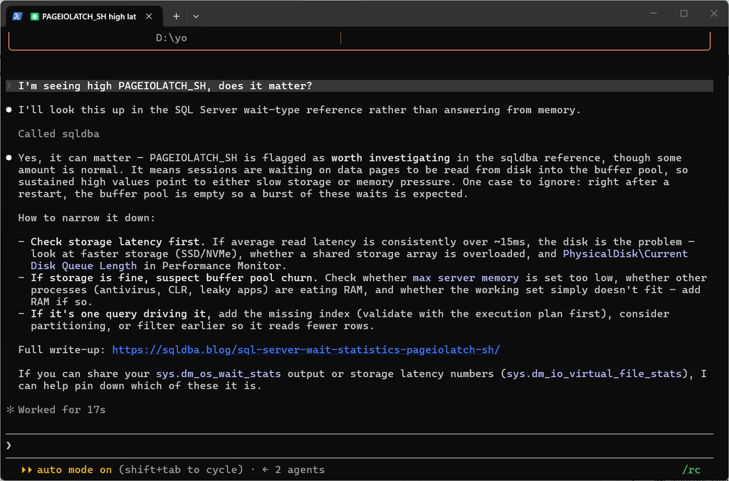 Claude Code answering whether high PAGEIOLATCH_SH matters after calling the sqldba explain_wait tool, with the verdict and the full write-up link