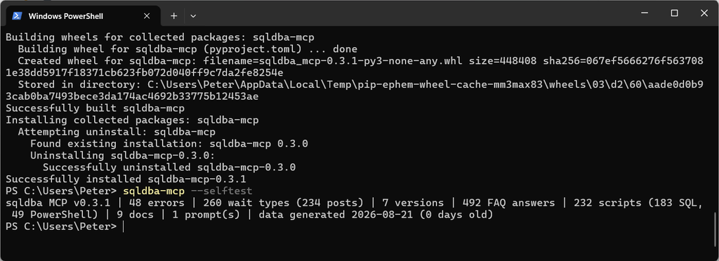 pip install of sqldba-mcp completing in PowerShell, with sqldba-mcp --selftest printing the loaded inventory