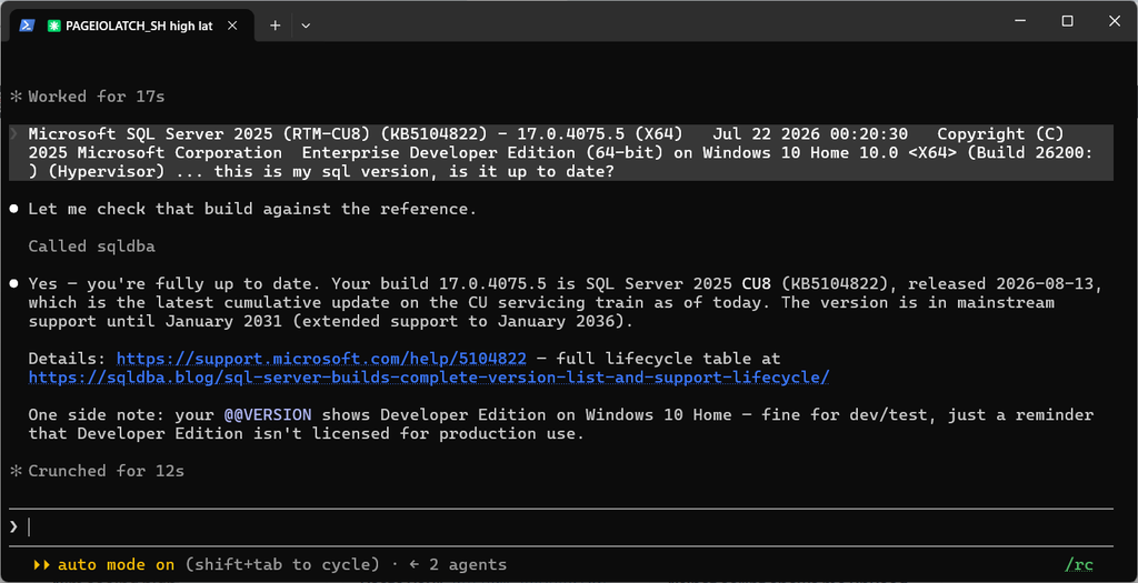 A pasted SELECT @@VERSION string checked by the sqldba MCP server, identified as SQL Server 2025 CU8 and fully up to date