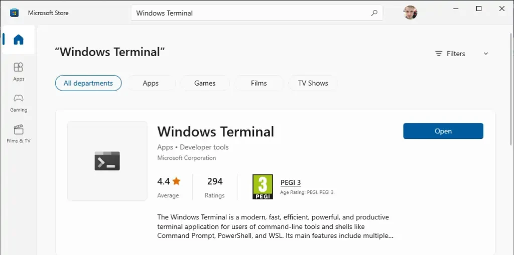 Windows Terminal in the Microsoft Store The Microsoft Store with Windows Terminal searched, showing the Windows Terminal listing by Microsoft Corporation under Apps and Developer tools, rated 4.4 from 294 ratings, with its description as a modern terminal application for Command Prompt, PowerShell and WSL.