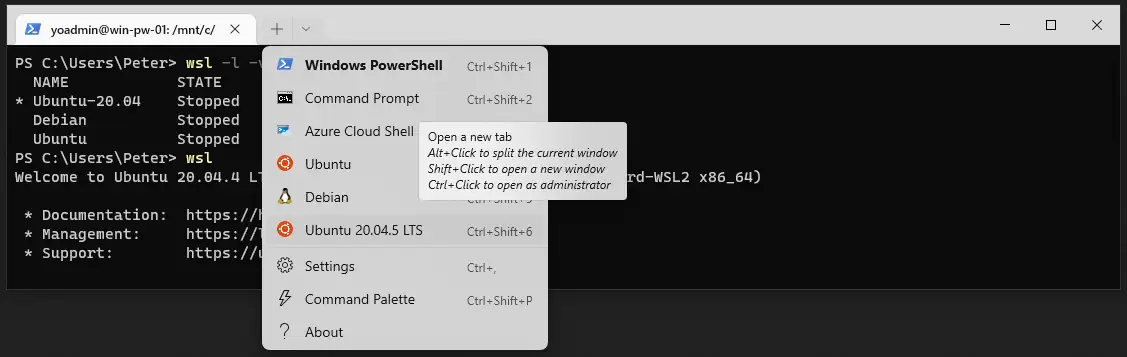 The Windows Terminal profile dropdown showing PowerShell, Command Prompt and WSL The Windows Terminal profile dropdown open over a session, listing Windows PowerShell, Command Prompt, Azure Cloud Shell, Ubuntu, Debian and Ubuntu 20.04 LTS with their keyboard shortcuts, alongside Settings, Command Palette and About. A tooltip explains that Alt-click splits the current window, Shift-click opens a new window and Ctrl-click opens the profile as administrator.