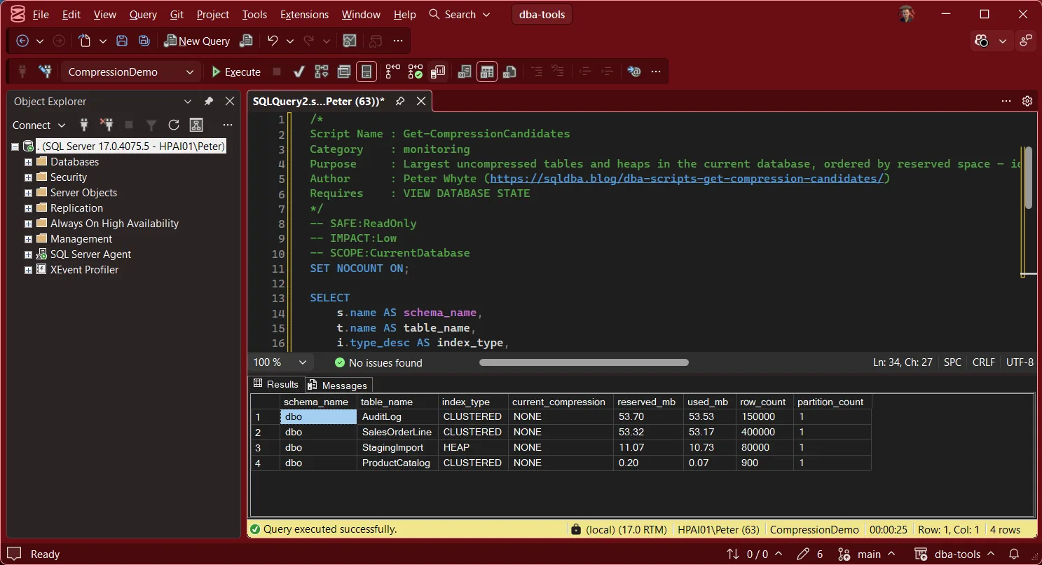 Compression candidates output in SSMS Get-CompressionCandidates in SSMS against the CompressionDemo database: four uncompressed tables ordered by reserved_mb, AuditLog and SalesOrderLine at 53 MB, a StagingImport heap and a 900-row ProductCatalog