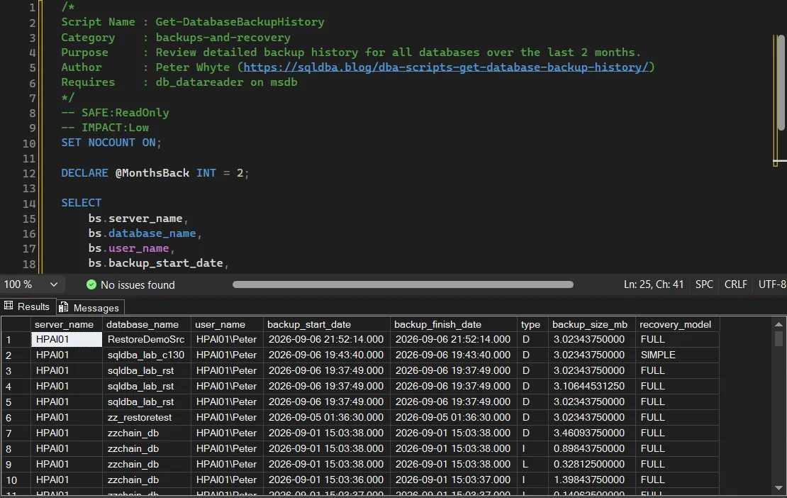 Get-DatabaseBackupHistory output in SSMS Get-DatabaseBackupHistory results in SSMS: database, user, start and finish times, backup type, size in MB, recovery model