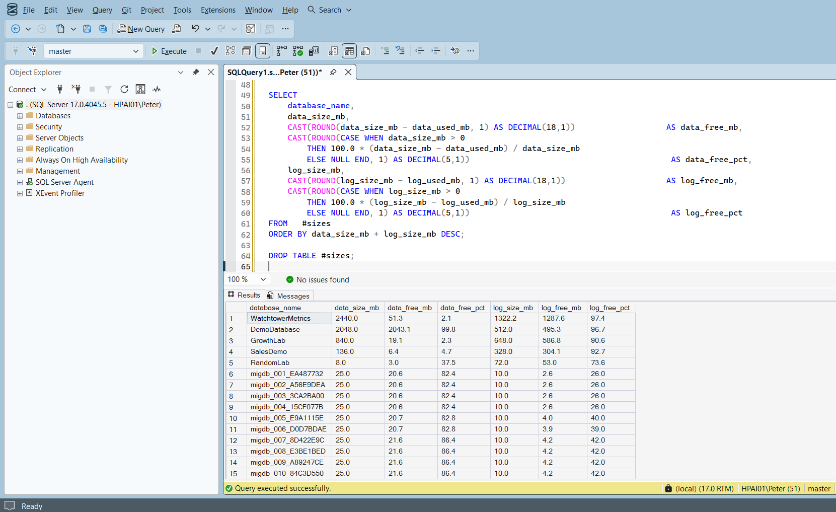 SQL Server database sizes and free space, ordered largest first Get-DatabaseSizesAndFreeSpace results in SSMS showing 15 user databases, with WatchtowerMetrics at 2.1 percent data free and its transaction log 97.4 percent free