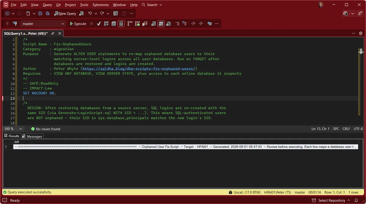 Fix-OrphanedUsers output in SSMS Fix-OrphanedUsers script run in SSMS, returning a single ddl column holding the generated ALTER USER statements