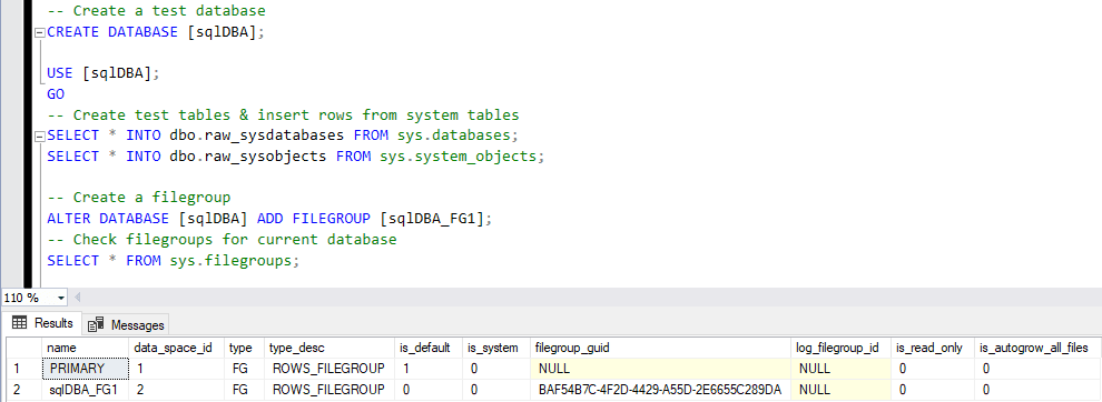 ALTER DATABASE ADD FILEGROUP in SSMS with sys.filegroups showing PRIMARY as the default filegroup and the new filegroup added alongside it
