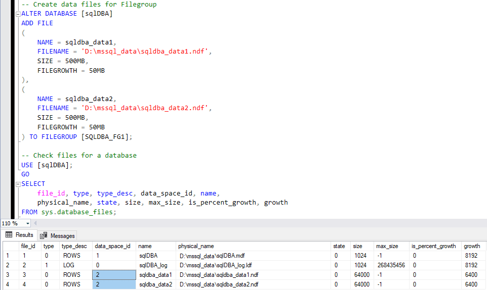 ALTER DATABASE ADD FILE adding two data files to one filegroup, with sys.database_files showing both files sharing the same data_space_id