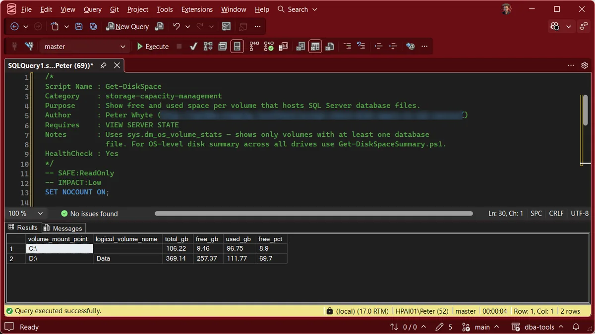 SQL Server disk space by volume, ordered by free percentage Get-DiskSpace results in SSMS showing 2 volumes, the C drive at 8.9 percent free and the D data drive at 69.7 percent free