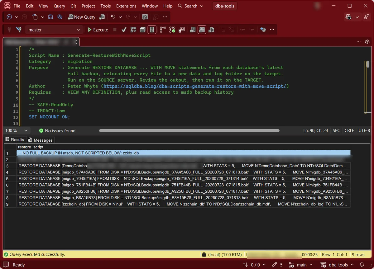 Generated RESTORE WITH MOVE statements in SSMS SSMS results grid showing generated RESTORE DATABASE WITH MOVE statements, one row per database