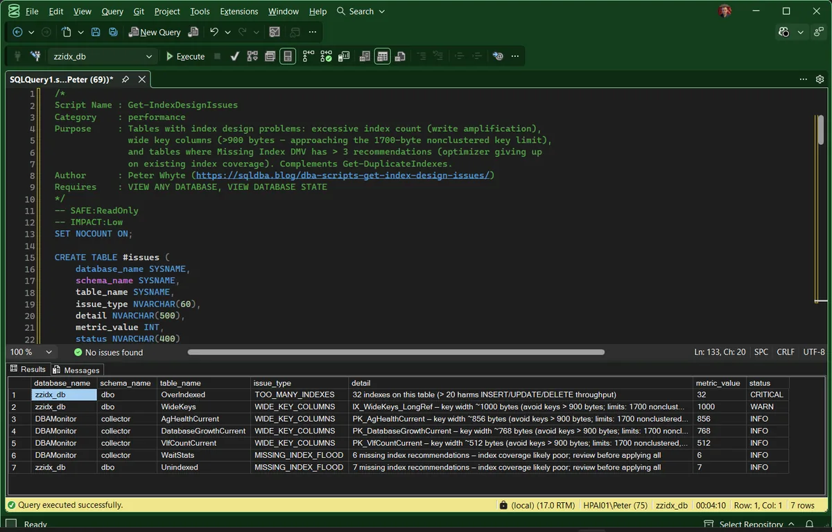 SQL Server index design issues graded by status Seven SQL Server index design issues sorted worst first, a CRITICAL table with 32 indexes, a WARN key width of 1000 bytes, and INFO rows for wide primary keys and missing index floods, from the Get-IndexDesignIssues script in SSMS