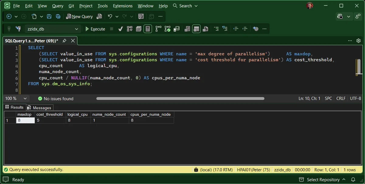 MAXDOP and cost threshold configuration in SSMS SSMS results showing MAXDOP, cost threshold for parallelism and CPU topology on a SQL Server instance