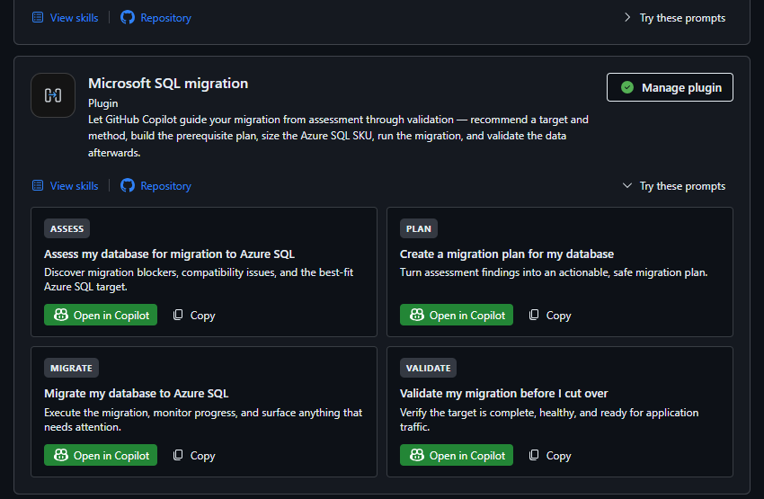 Microsoft SQL migration plugin prompts The Microsoft SQL migration plugin for GitHub Copilot, installed, with its Try these prompts cards: Assess my database for migration to Azure SQL, Create a migration plan for my database, Migrate my database to Azure SQL, and Validate my migration before I cut over, each with Open in Copilot and Copy.