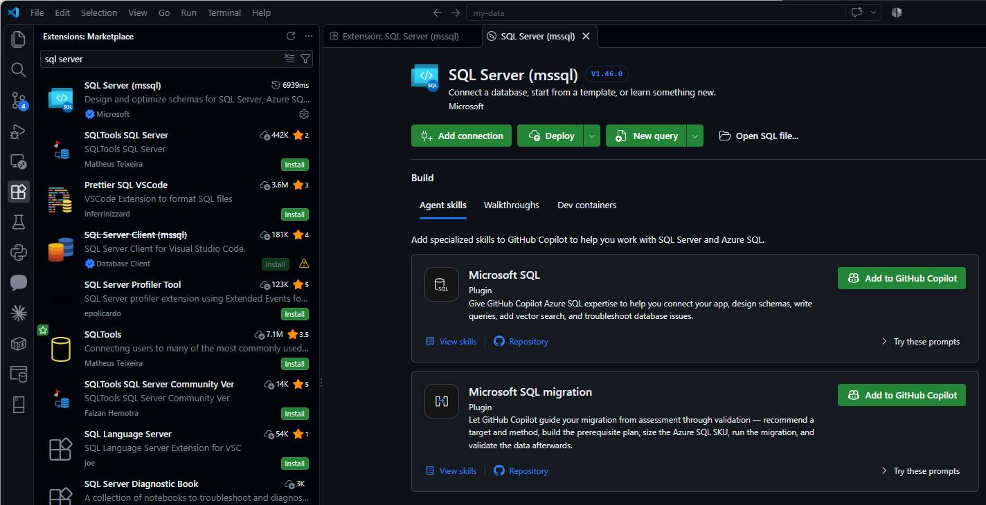 The SQL Server (mssql) extension in VS Code VS Code with the Extensions marketplace searched for sql server: SQL Server (mssql) by Microsoft at the top, the older SQL Server Client (mssql) struck through below it, and the SQL Server (mssql) v1.46.0 page open with Add connection, Deploy, New query and Open SQL file, and two GitHub Copilot agent skill plugins, Microsoft SQL and Microsoft SQL migration.