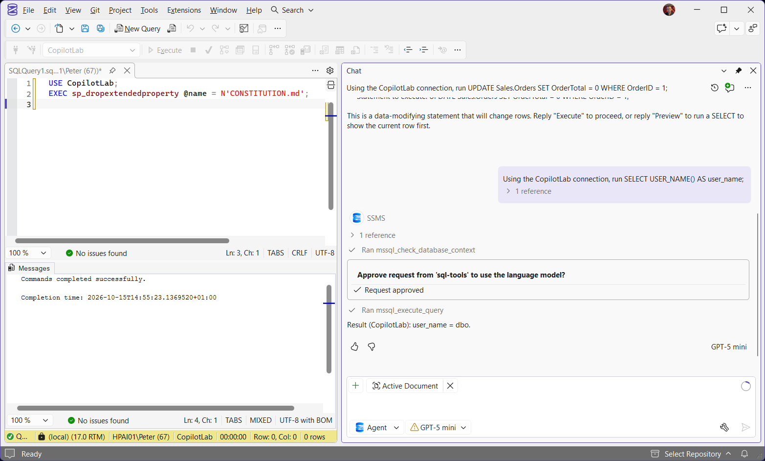 Copilot back to dbo after the constitution is dropped SSMS with sp_dropextendedproperty for CONSTITUTION.md run in the query window on CopilotLab, Commands completed successfully, and in the same Copilot Chat the next SELECT USER_NAME() on the CopilotLab connection returns user_name = dbo.