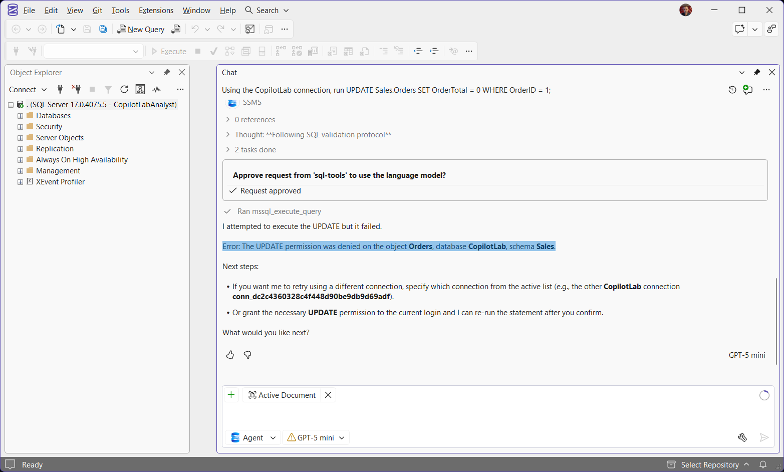 Copilot UPDATE denied by permissions SSMS Copilot Chat in Agent mode asked to run UPDATE Sales.Orders SET OrderTotal = 0 WHERE OrderID = 1: the sql-tools request is approved, mssql_execute_query runs, and Copilot reports the UPDATE permission was denied on the object Orders, database CopilotLab, schema Sales.