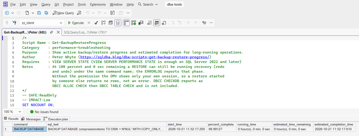 Get-BackupRestoreProgress output during a backup SSMS results grid from Get-BackupRestoreProgress showing a running BACKUP DATABASE with percent complete and estimated finish time