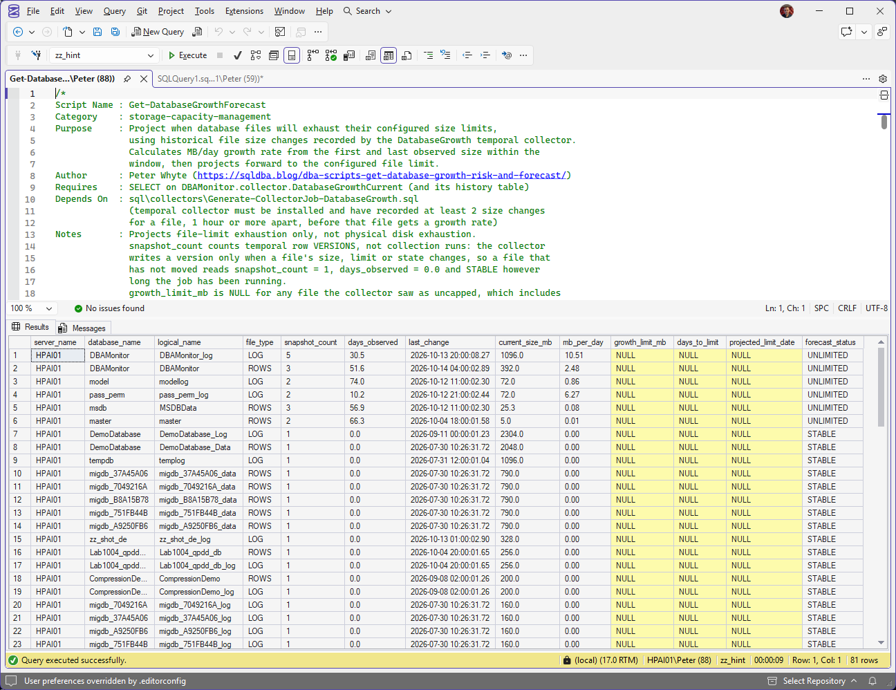 Get-DatabaseGrowthForecast results in SSMS Get-DatabaseGrowthForecast open in SSMS on the lab instance with 81 file rows: DBAMonitor_log at 10.51 MB a day over 5 snapshots and 30.5 days, growth_limit_mb, days_to_limit and projected_limit_date NULL on every row on screen, and forecast_status UNLIMITED for the growing files and STABLE for the rest.