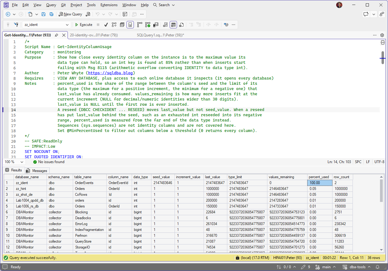 Get-IdentityColumnUsage results in SSMS Get-IdentityColumnUsage results in SSMS, 36 rows: zz_ident dbo.OrderEvents first, int, last_value 2147483647, type_limit 2147483647, values_remaining 0, percent_used 100.00, row_count 2; below it int tables at 0.05 and 0.01 percent and the bigint DBAMonitor collector tables at 0.00.
