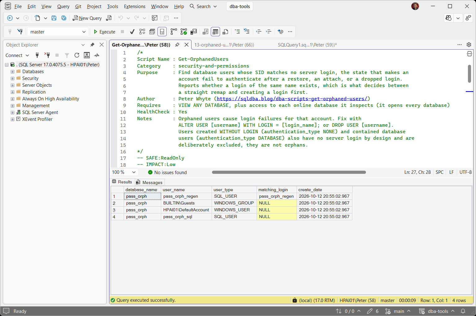 Get-OrphanedUsers results in SSMS: one remappable orphan on top, three with no matching login SSMS running Get-OrphanedUsers against the lab instance. Four orphaned users in the pass_orph database: pass_orph_regen, a SQL_USER whose matching_login reads pass_orph_regen so it can be remapped in one statement, then BUILTIN\Guests as a WINDOWS_GROUP, HPAI01\DefaultAccount as a WINDOWS_USER and pass_orph_sql as a SQL_USER, all three with matching_login NULL.