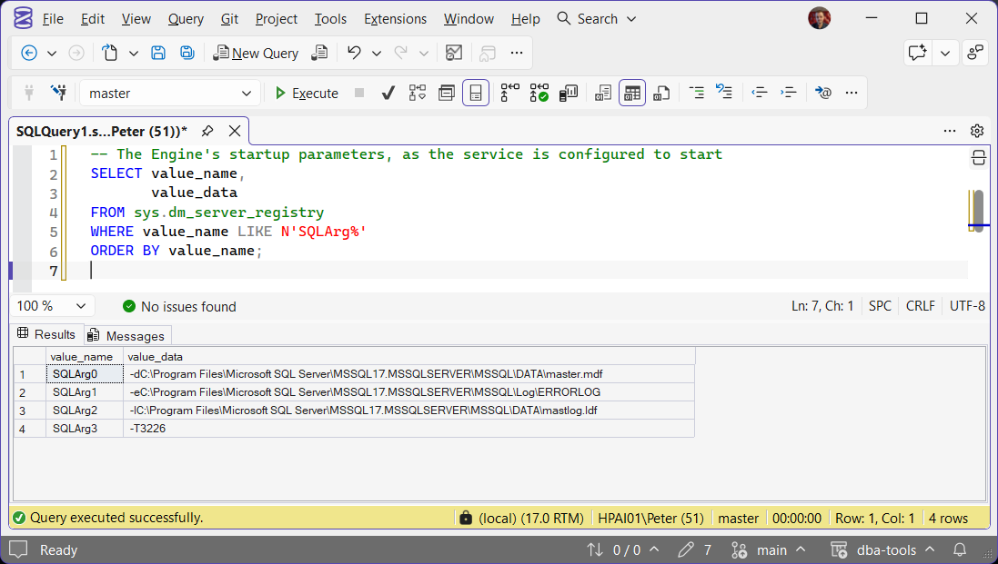 SQL Server Engine startup parameters from sys.dm_server_registry SSMS: sys.dm_server_registry listing SQLArg0 to SQLArg3, the master data file, error log and master log paths, and a -T3226 trace flag startup parameter