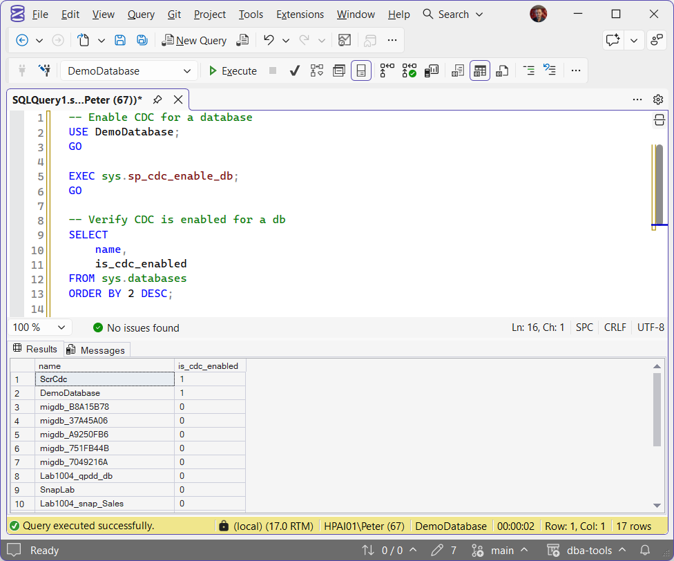 Enabling CDC on a database and confirming it in sys.databases SSMS: sp_cdc_enable_db run on DemoDatabase, then sys.databases showing is_cdc_enabled = 1 for DemoDatabase and ScrCdc and 0 for the rest