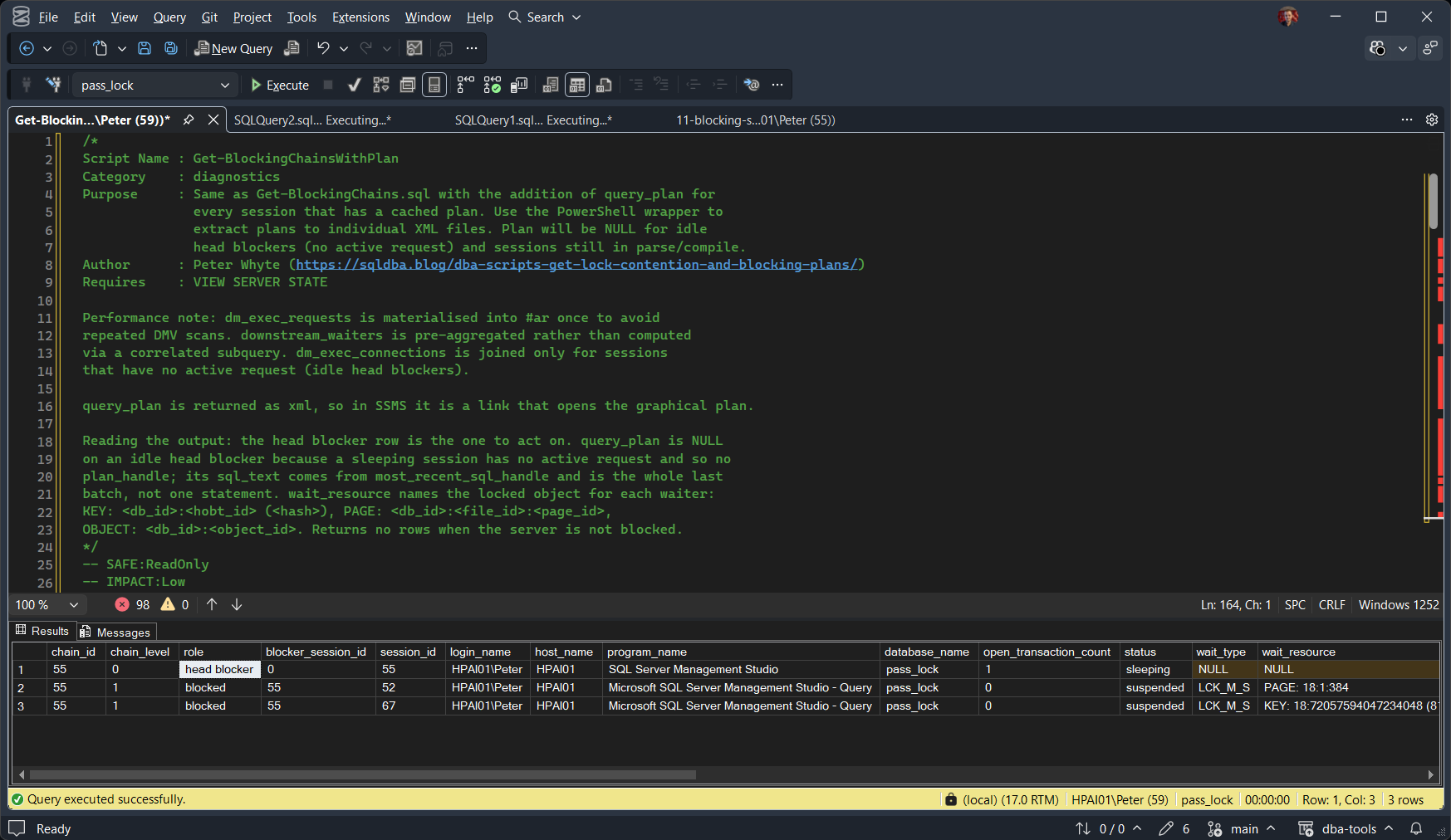 Get-BlockingChainsWithPlan in SSMS: a sleeping head blocker and two sessions waiting on LCK_M_S SSMS results grid from Get-BlockingChainsWithPlan during a live block in the pass_lock database. One chain, chain_id 55: the head blocker, session 55, is sleeping with open_transaction_count 1 and no wait. Sessions 52 and 67 are blocked by 55, both suspended on LCK_M_S, one waiting on PAGE: 18:1:384 and the other on a KEY in the Orders primary key.