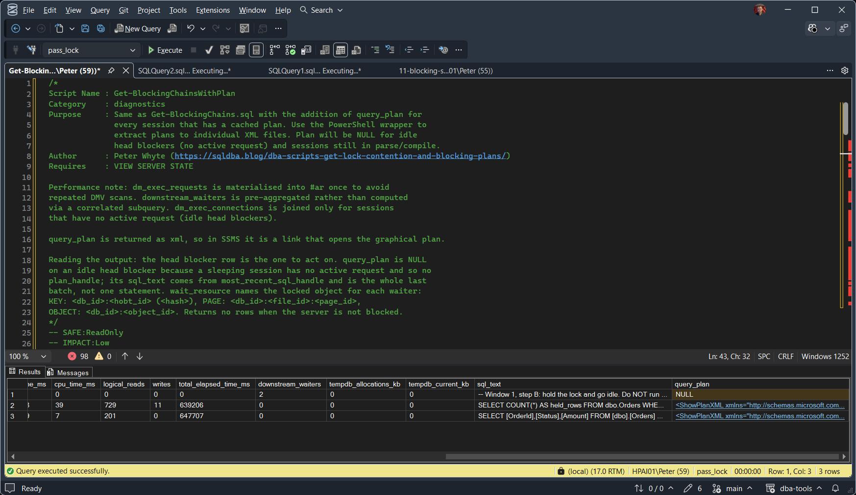 Get-BlockingChainsWithPlan in SSMS: query_plan is a clickable ShowPlanXML link on the blocked sessions The same Get-BlockingChainsWithPlan grid scrolled right to sql_text and query_plan. query_plan is NULL on the sleeping head blocker and a blue ShowPlanXML link on both blocked rows, which opens the graphical execution plan in SSMS.