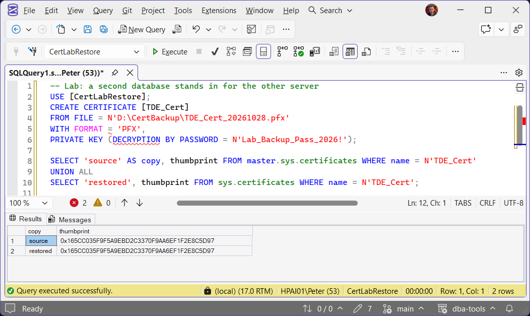 Restored certificate thumbprint matches the source CREATE CERTIFICATE FROM FILE with FORMAT PFX, then source and restored copies showing the same thumbprint