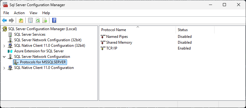 Protocols for MSSQLSERVER in SQL Server Configuration Manager SQL Server Configuration Manager, SQL Server Network Configuration, Protocols for MSSQLSERVER: Named Pipes disabled, Shared Memory disabled, TCP/IP enabled.