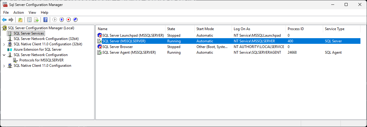 SQL Server Configuration Manager, SQL Server Services SQL Server Configuration Manager on SQL Server Services: SQL Server and SQL Server Agent running under NT Service virtual accounts, SQL Server Launchpad and SQL Server Browser stopped, with the Network Configuration, Native Client and Azure Extension for SQL Server nodes on the left.