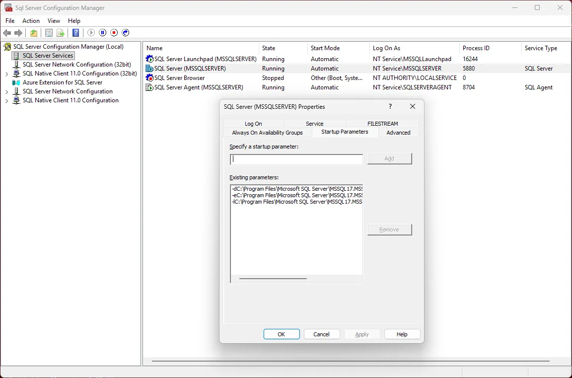 SQL Server Configuration Manager, Startup Parameters tab SQL Server Configuration Manager, SQL Server (MSSQLSERVER) Properties dialog on the Startup Parameters tab, Existing parameters listing the three default entries: -d for master.mdf, -e for the ERRORLOG path and -l for mastlog.ldf