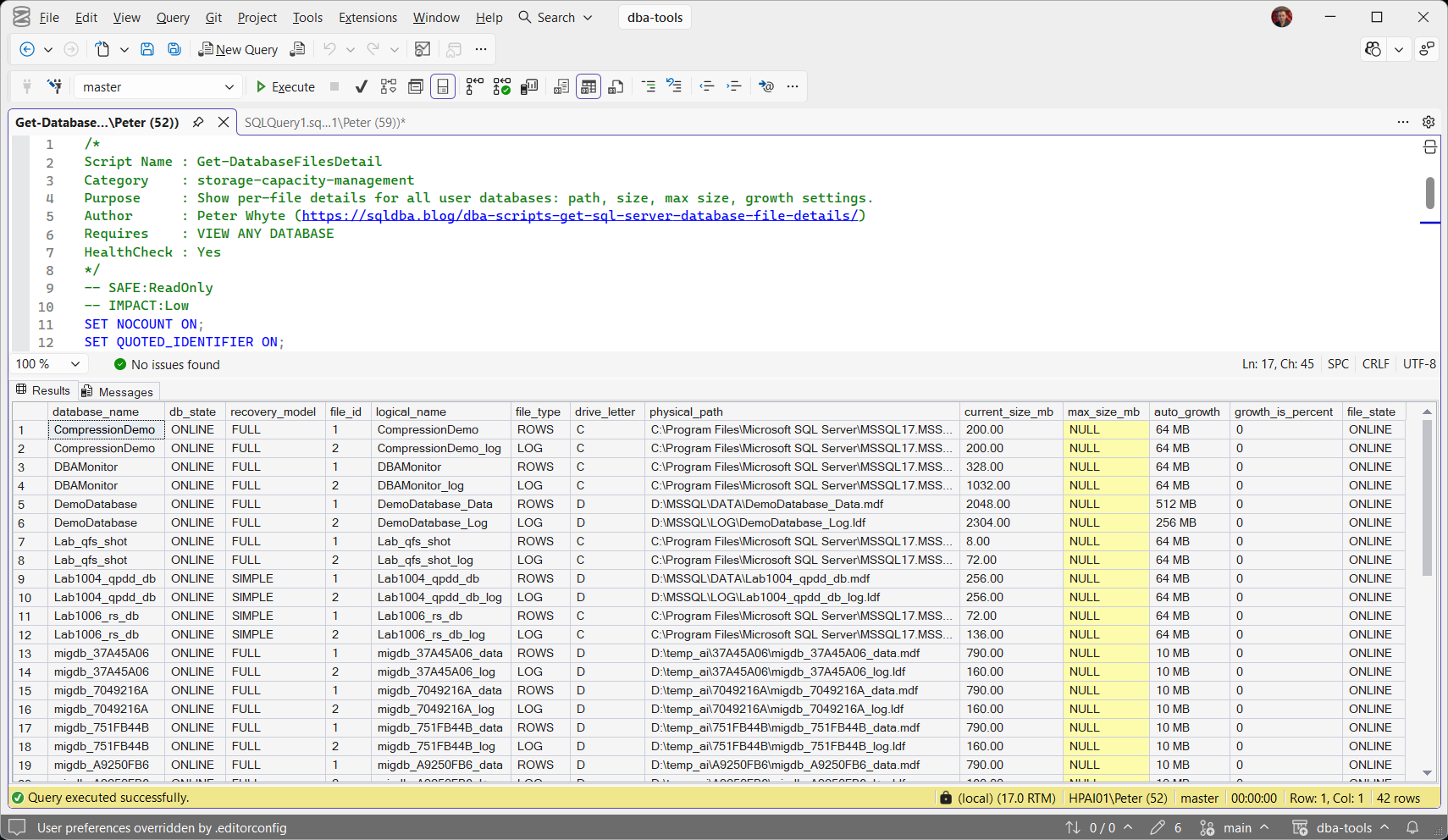 Get-DatabaseFilesDetail in SSMS: every file, its path, size, growth and maximum SSMS running Get-DatabaseFilesDetail against the lab instance: 42 rows, one per data and log file across 21 user databases, with database state, recovery model, logical name, file type, drive letter, physical path, current size in MB, max_size_mb, autogrowth increment and file state. max_size_mb reads NULL on every row, data and log alike, meaning no file has a maximum.
