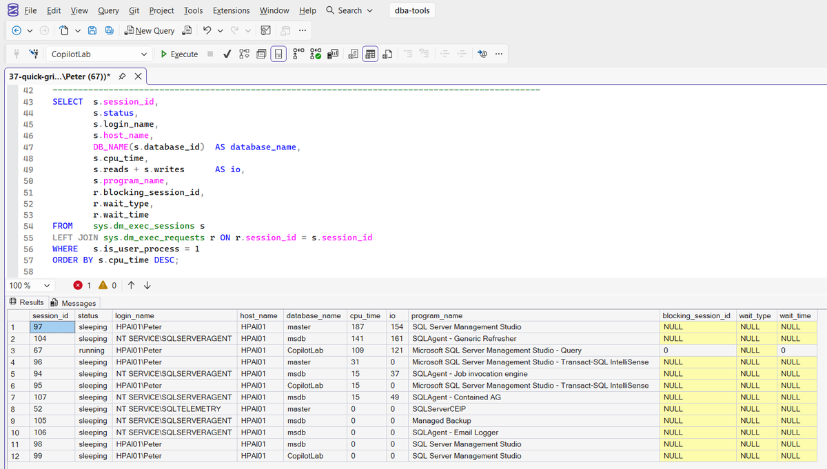 User sessions from sys.dm_exec_sessions SSMS results grid from sys.dm_exec_sessions joined to sys.dm_exec_requests, user processes only, ordered by CPU time