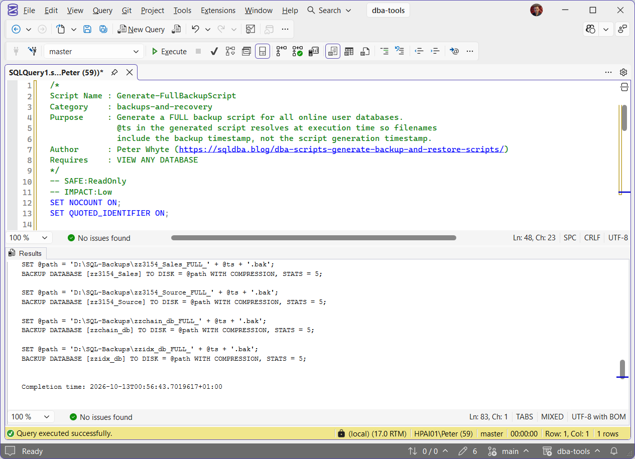Generate-FullBackupScript in SSMS: the generated backup statements in Results to Text SSMS running Generate-FullBackupScript with Results to Text: the end of the generated script, one SET @path line and one BACKUP DATABASE ... TO DISK = @path WITH COMPRESSION, STATS = 5 statement for each of the last databases in name order, zz3154_Sales, zz3154_Source, zzchain_db and zzidx_db, then the completion time. 1 row returned.