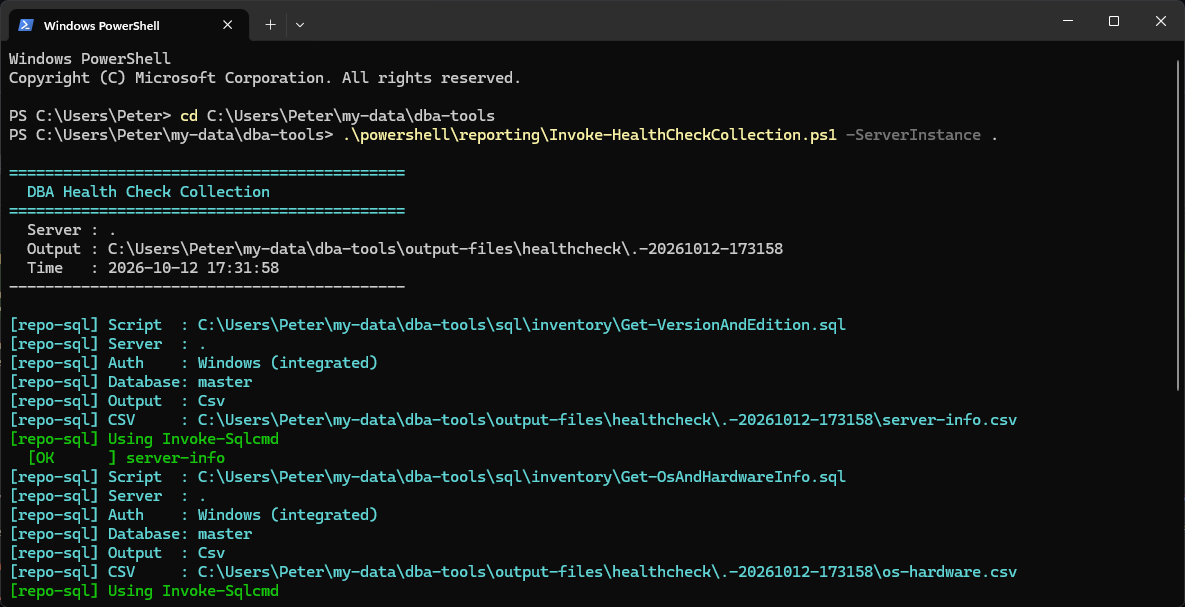Invoke-HealthCheckCollection without -Quiet, printing each script as it runs PowerShell window running Invoke-HealthCheckCollection against the local instance without -Quiet. After the banner with server, output folder and time, each script prints its path, server, Windows authentication, database, output format and CSV path, then an OK line: server-info first, then os-hardware.