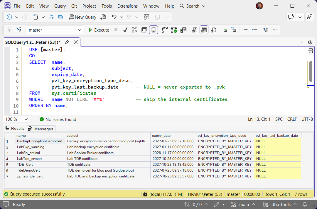 sys.certificates pvt_key_last_backup_date NULL sys.certificates in master: seven certificates, every pvt_key_last_backup_date NULL because none has had its private key exported