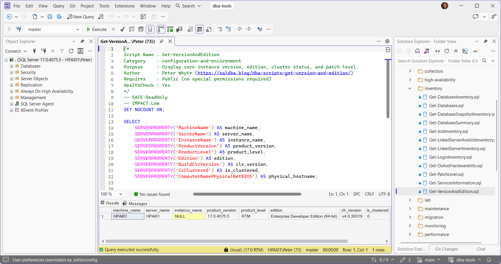 dba-tools scripts one click away in SSMS SSMS with the dba-tools repo open in Solution Explorer Folder View on the right, the inventory folder expanded, Get-VersionAndEdition.sql clicked and open in the query editor, and its results grid below showing HPAI01, product version 17.0.4075.5, RTM, Enterprise Developer Edition (64-bit).