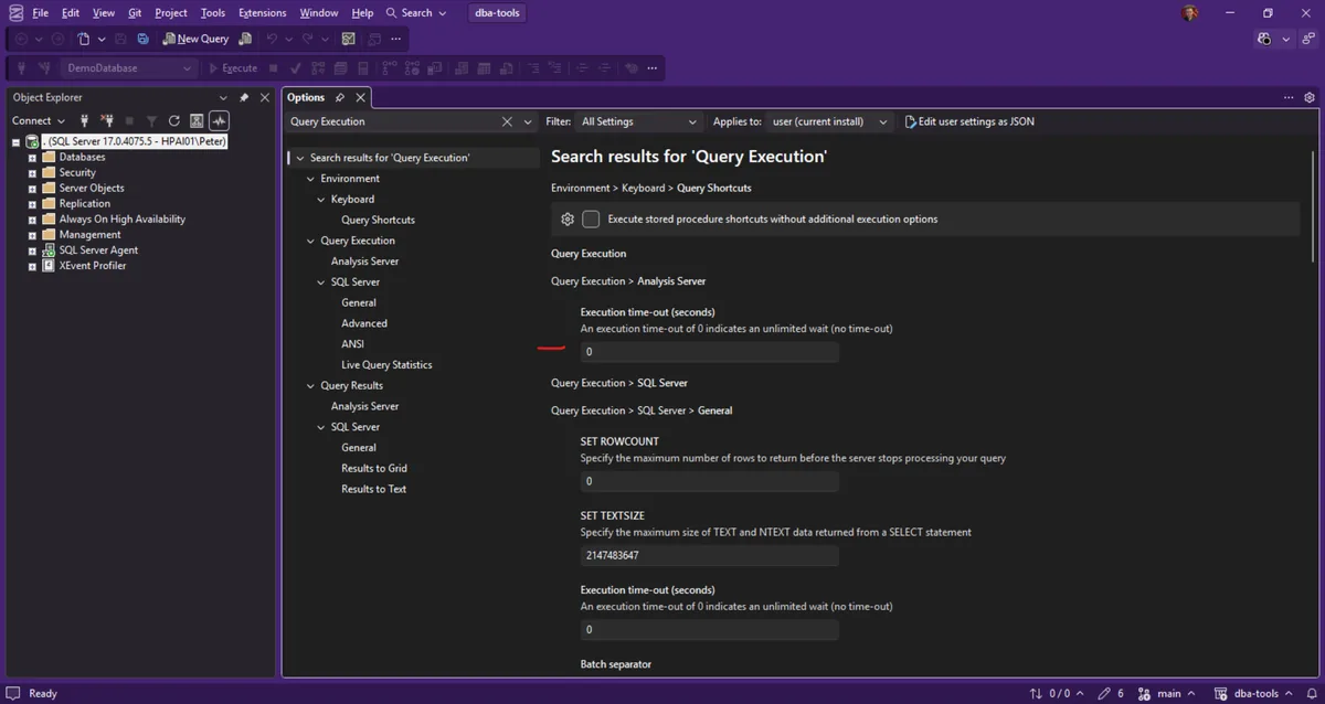 SSMS Options, Query Execution, Execution time-out 0 SSMS Options page filtered to Query Execution, showing Execution time-out (seconds) set to 0 under SQL Server General, where 0 means an unlimited wait with no time-out