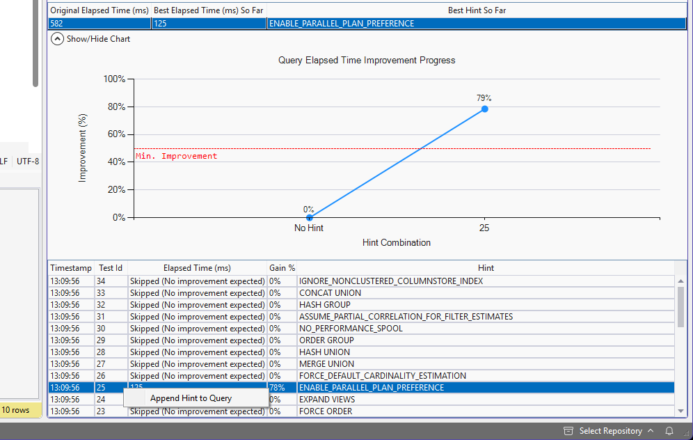 Append Hint to Query on the winning hint The tool results table with the ENABLE_PARALLEL_PLAN_PREFERENCE row selected and its right-click menu showing Append Hint to Query.