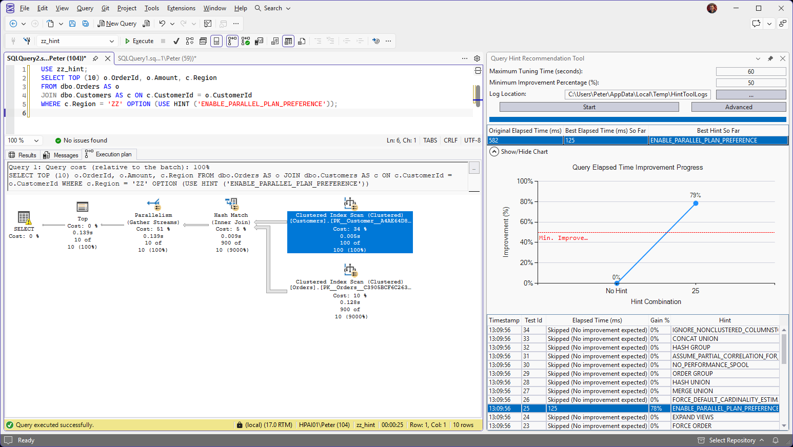 The query with the hint appended, and its actual plan The query with OPTION (USE HINT (ENABLE_PARALLEL_PLAN_PREFERENCE)) appended and its actual execution plan: Top, Parallelism Gather Streams, a Hash Match inner join and clustered index scans of Customers and Orders, with Orders reading 900 of an estimated 10 rows.