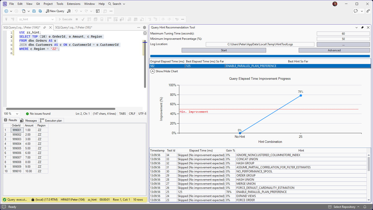 Query Hint Recommendation Tool results: 582 ms to 125 ms SSMS with the slow TOP (10) query selected and the Query Hint Recommendation Tool beside it: 60 second budget, 50% minimum, original elapsed time 582 ms, best 125 ms with ENABLE_PARALLEL_PLAN_PREFERENCE, a chart rising from 0% to 79%, and a table where most hints are Skipped (No improvement expected) and test 25 shows 125 ms and 78%.