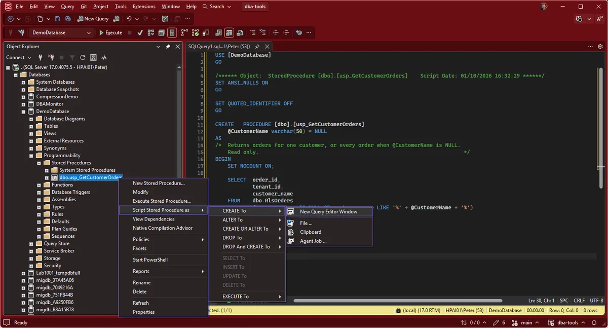 SSMS Script Stored Procedure as CREATE To New Query Editor Window SSMS Object Explorer right-click menu on a stored procedure showing Script Stored Procedure as, CREATE To, New Query Editor Window