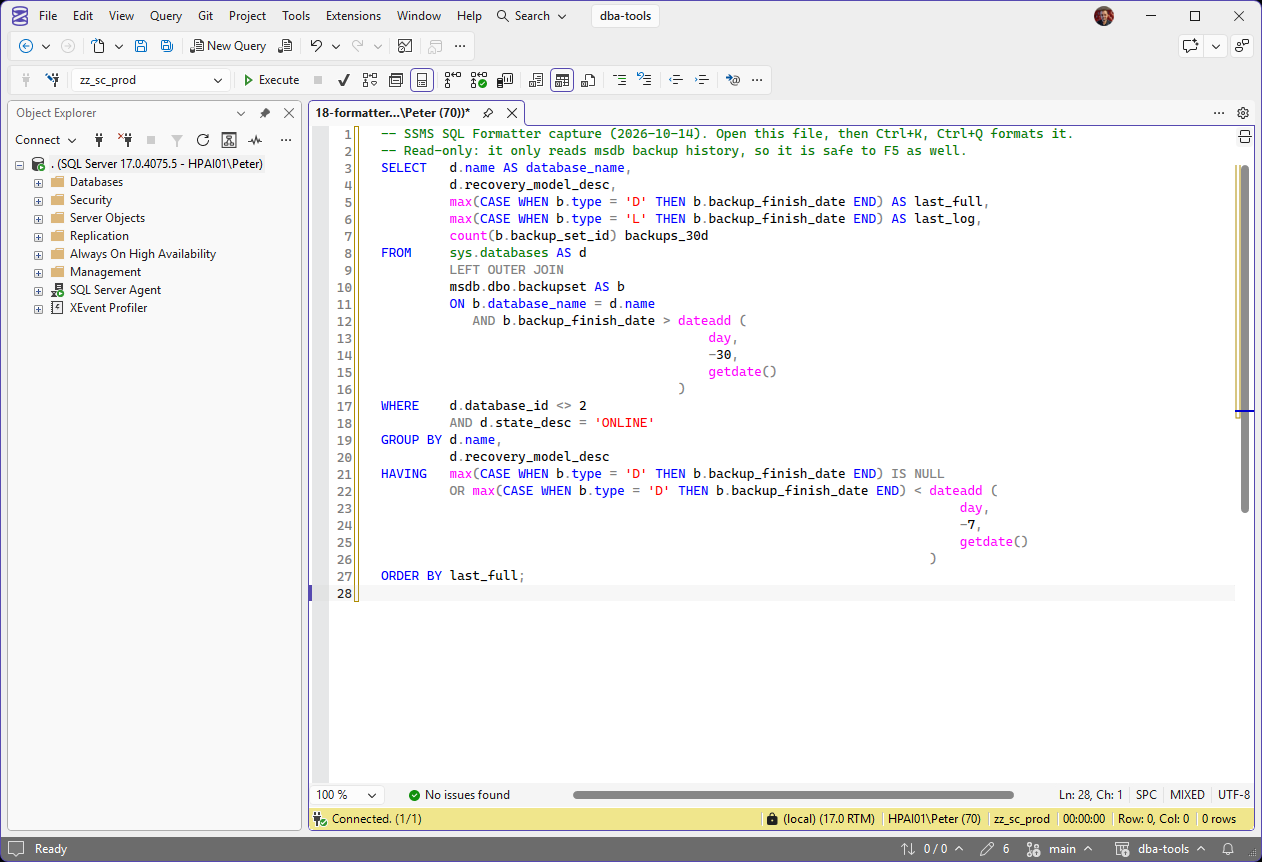 The query after Format SQL in SSMS 22 The same query after Format SQL: one column per line, SELECT, FROM, WHERE, GROUP BY, HAVING and ORDER BY on their own lines, keywords in upper case, LEFT JOIN rewritten as LEFT OUTER JOIN, each dateadd argument on its own line and a semicolon added at the end.